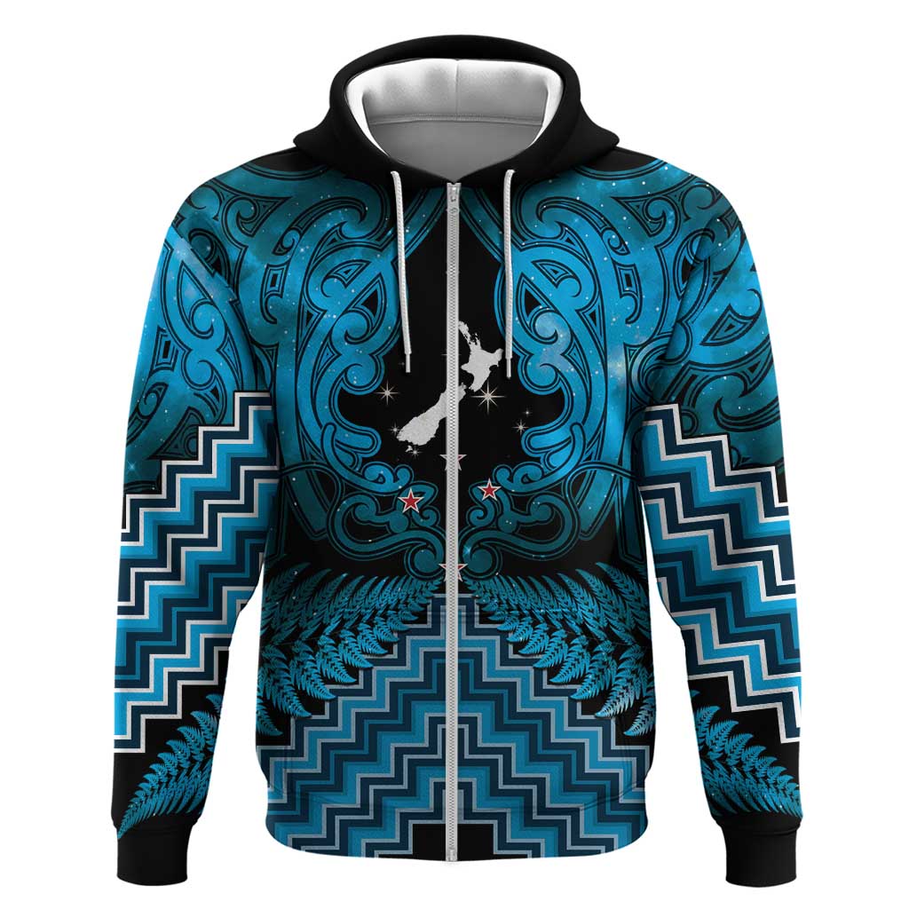Personalised Aotearoa Matariki Zip Hoodie Turquoise Fern Maori Poutama