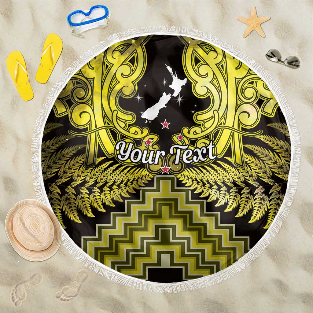 Personalised Aotearoa Matariki Beach Blanket Yellow Fern Maori Poutama