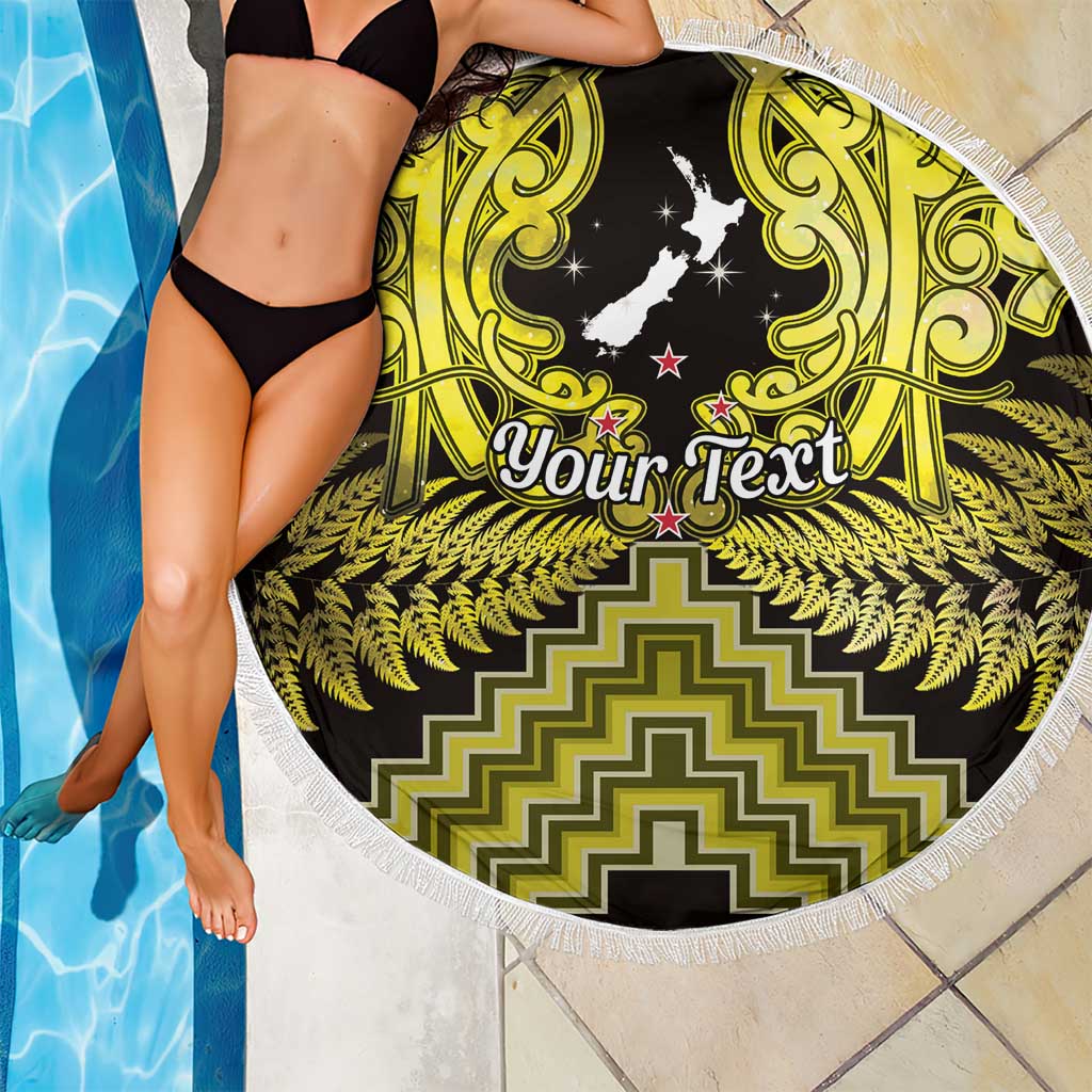Personalised Aotearoa Matariki Beach Blanket Yellow Fern Maori Poutama