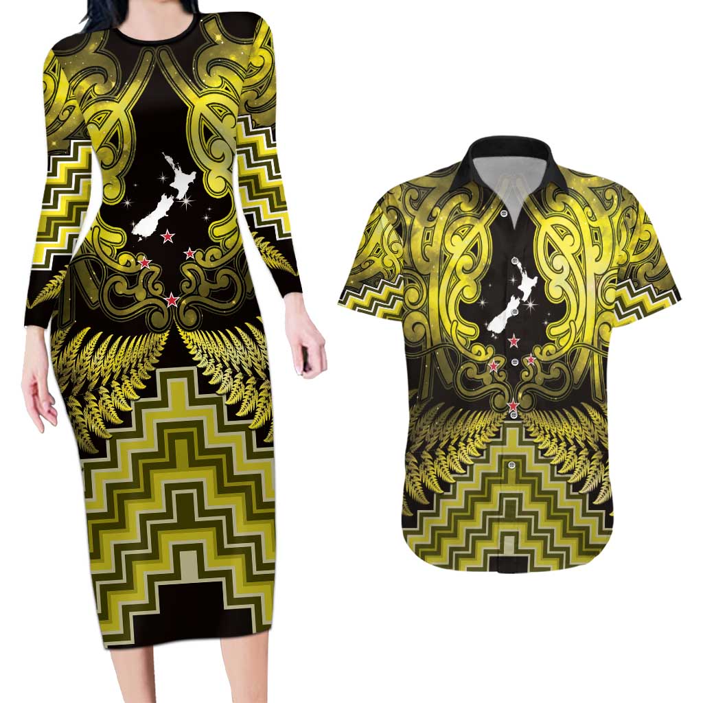 Personalised Aotearoa Matariki Couples Matching Long Sleeve Bodycon Dress and Hawaiian Shirt Yellow Fern Maori Poutama