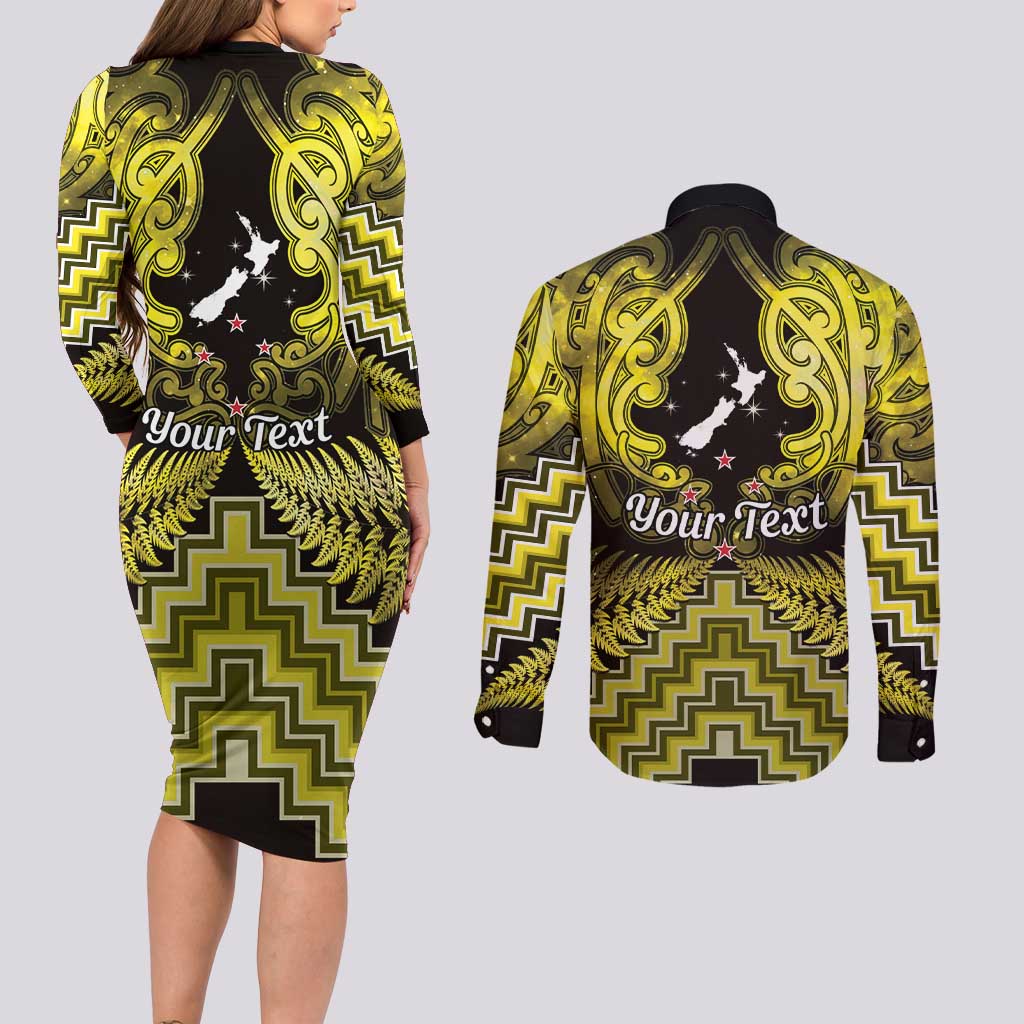 Personalised Aotearoa Matariki Couples Matching Long Sleeve Bodycon Dress and Long Sleeve Button Shirt Yellow Fern Maori Poutama