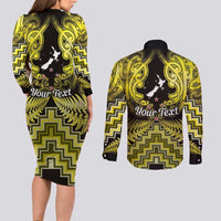 Personalised Aotearoa Matariki Couples Matching Long Sleeve Bodycon Dress and Long Sleeve Button Shirt Yellow Fern Maori Poutama