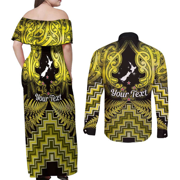Personalised New Zealand Off The Shoulder Long Sleeve Dress Aotearoa Maori Kiwi Orange Fern LT01