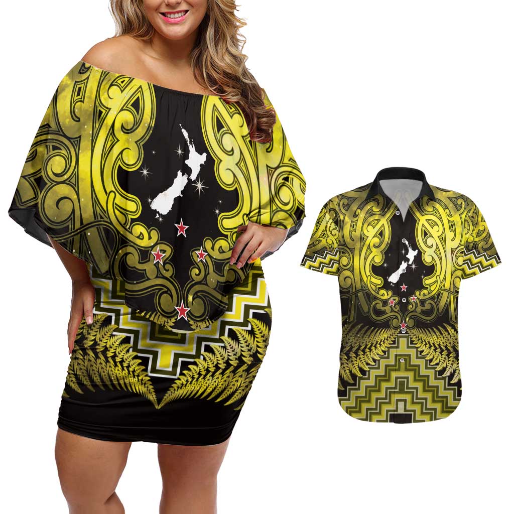 Personalised Aotearoa Matariki Couples Matching Off Shoulder Short Dress and Hawaiian Shirt Yellow Fern Maori Poutama