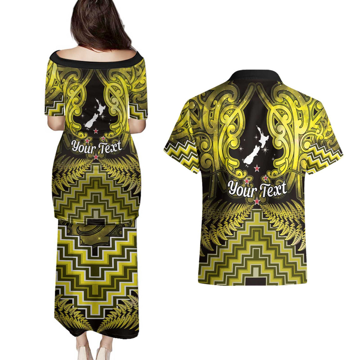 Personalised Aotearoa Matariki Couples Matching Puletasi and Hawaiian Shirt Yellow Fern Maori Poutama