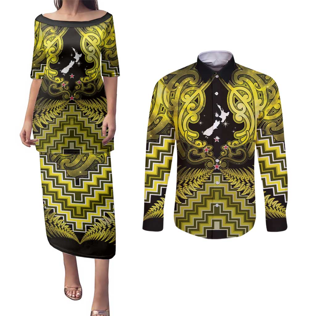 Personalised Aotearoa Matariki Couples Matching Puletasi and Long Sleeve Button Shirt Yellow Fern Maori Poutama