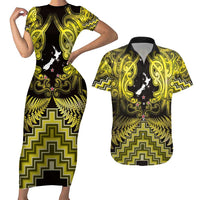 Personalised Aotearoa Matariki Couples Matching Short Sleeve Bodycon Dress and Hawaiian Shirt Yellow Fern Maori Poutama