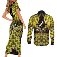 Personalised Aotearoa Matariki Couples Matching Short Sleeve Bodycon Dress and Long Sleeve Button Shirt Yellow Fern Maori Poutama