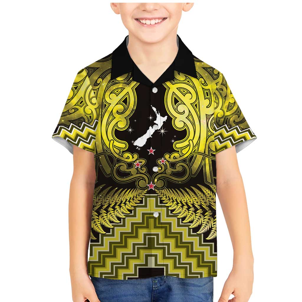 Personalised Aotearoa Matariki Family Matching Mermaid Dress and Hawaiian Shirt Yellow Fern Maori Poutama