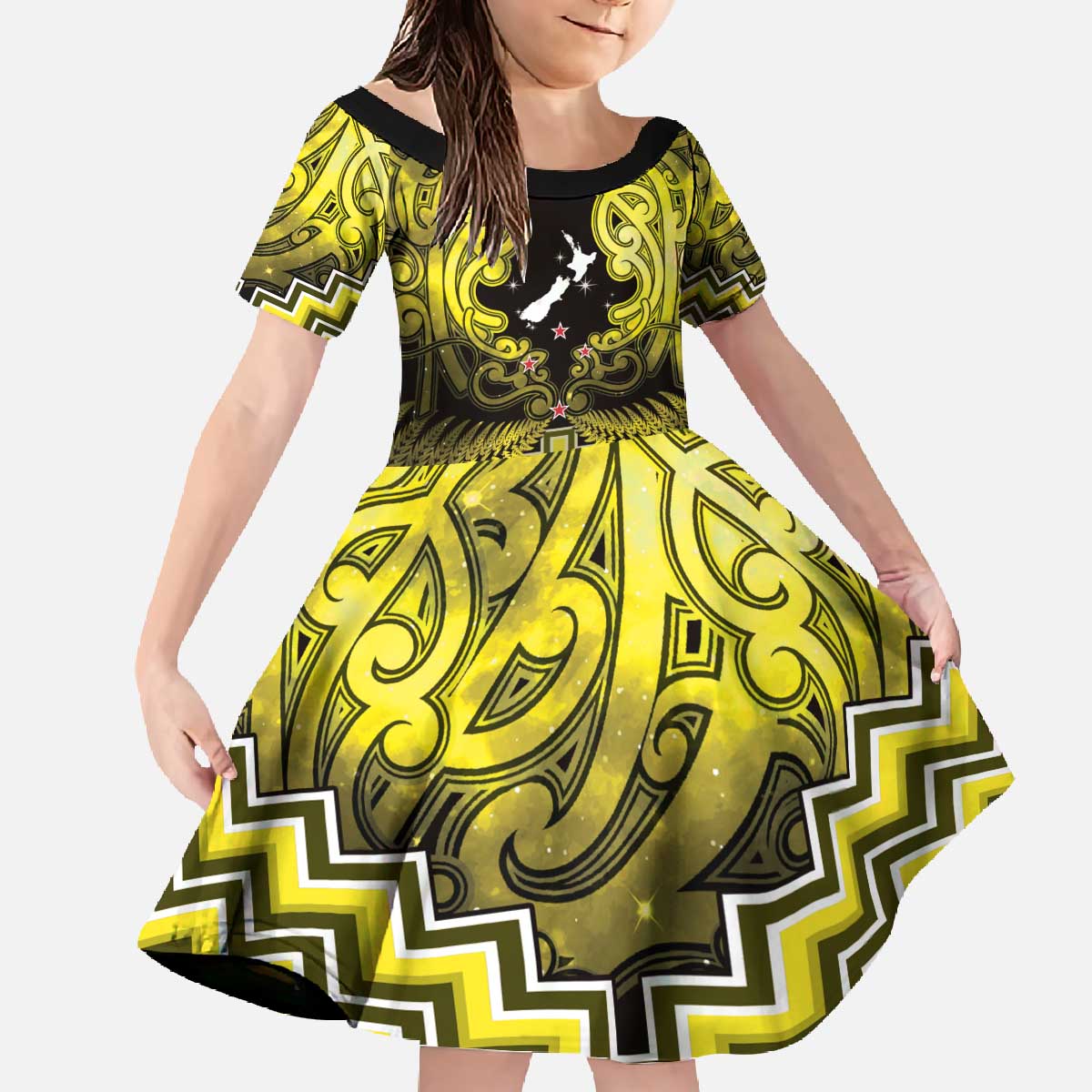 Personalised Aotearoa Matariki Family Matching Off The Shoulder Long Sleeve Dress and Hawaiian Shirt Yellow Fern Maori Poutama