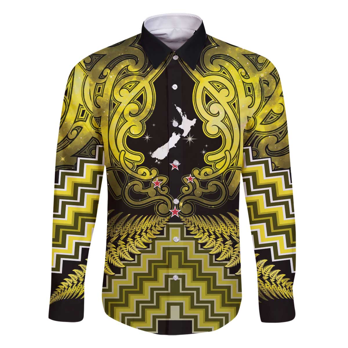 Personalised Aotearoa Matariki Family Matching Off The Shoulder Long Sleeve Dress and Hawaiian Shirt Yellow Fern Maori Poutama