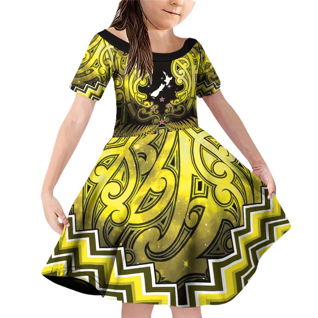 Personalised Aotearoa Matariki Family Matching Off Shoulder Short Dress and Hawaiian Shirt Yellow Fern Maori Poutama