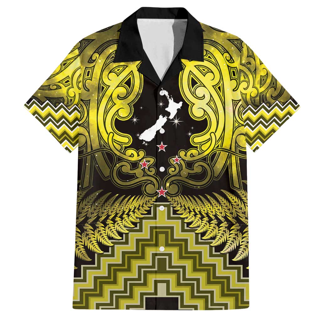 Personalised Aotearoa Matariki Family Matching Off Shoulder Short Dress and Hawaiian Shirt Yellow Fern Maori Poutama
