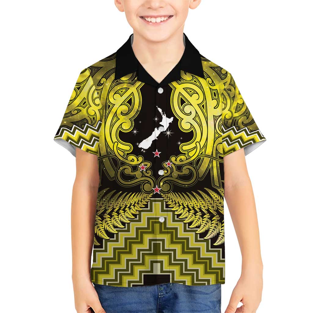 Personalised Aotearoa Matariki Family Matching Puletasi and Hawaiian Shirt Yellow Fern Maori Poutama