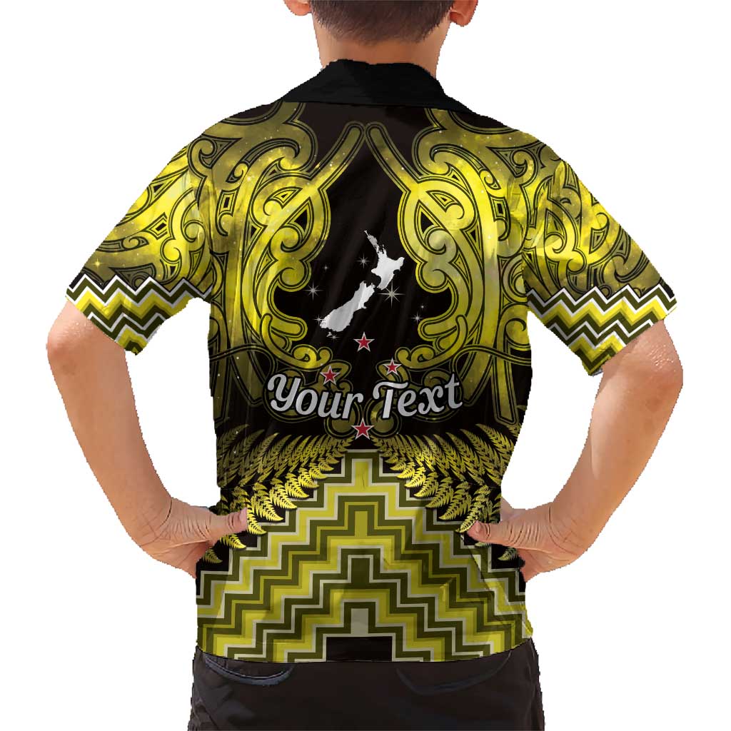 Personalised Aotearoa Matariki Family Matching Short Sleeve Bodycon Dress and Hawaiian Shirt Yellow Fern Maori Poutama