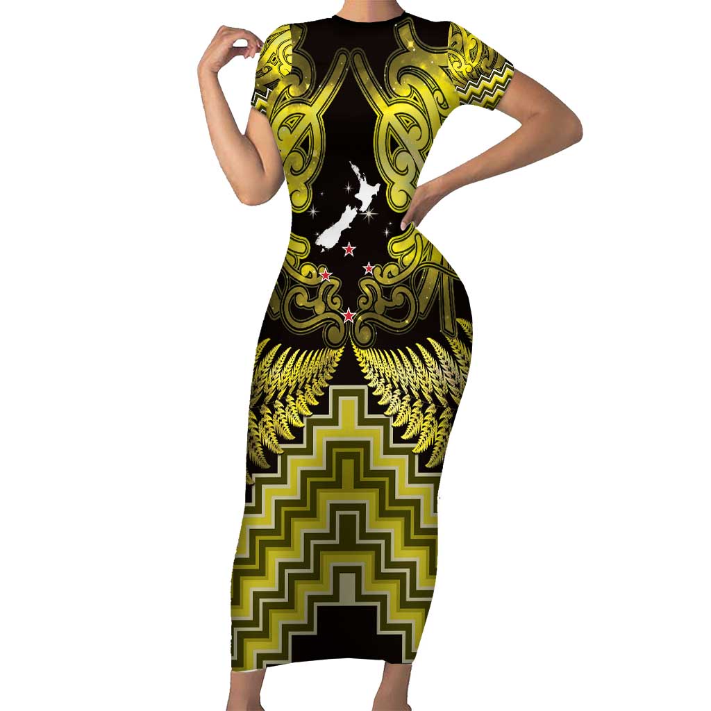 Personalised Aotearoa Matariki Family Matching Short Sleeve Bodycon Dress and Hawaiian Shirt Yellow Fern Maori Poutama