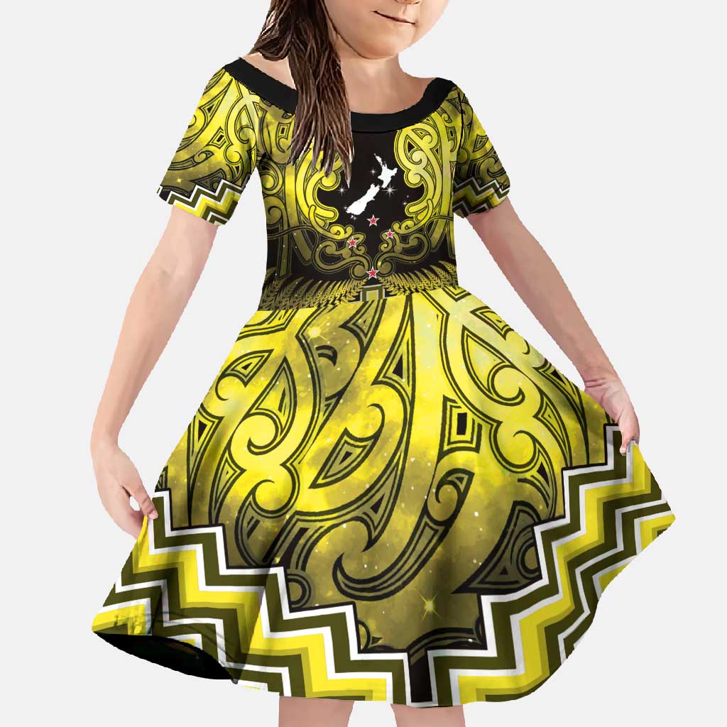 Personalised Aotearoa Matariki Family Matching Summer Maxi Dress and Hawaiian Shirt Yellow Fern Maori Poutama