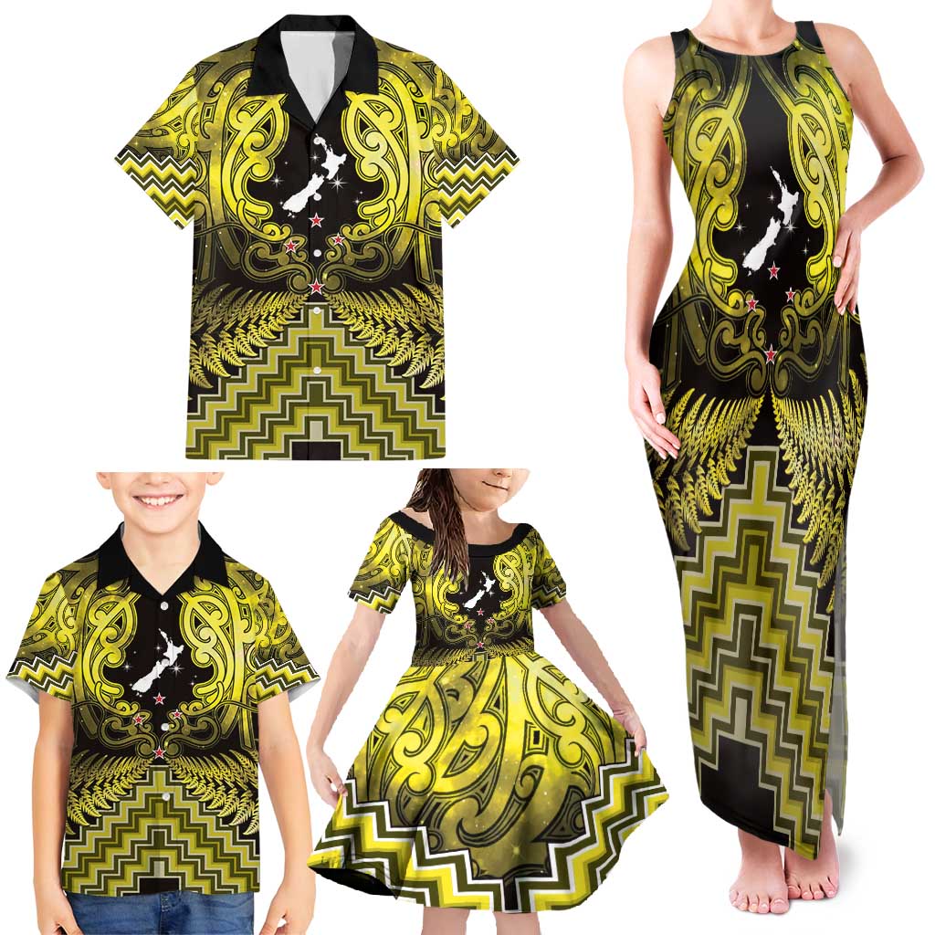 Personalised Aotearoa Matariki Family Matching Tank Maxi Dress and Hawaiian Shirt Yellow Fern Maori Poutama