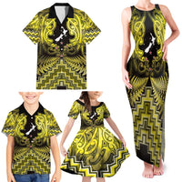 Personalised Aotearoa Matariki Family Matching Tank Maxi Dress and Hawaiian Shirt Yellow Fern Maori Poutama