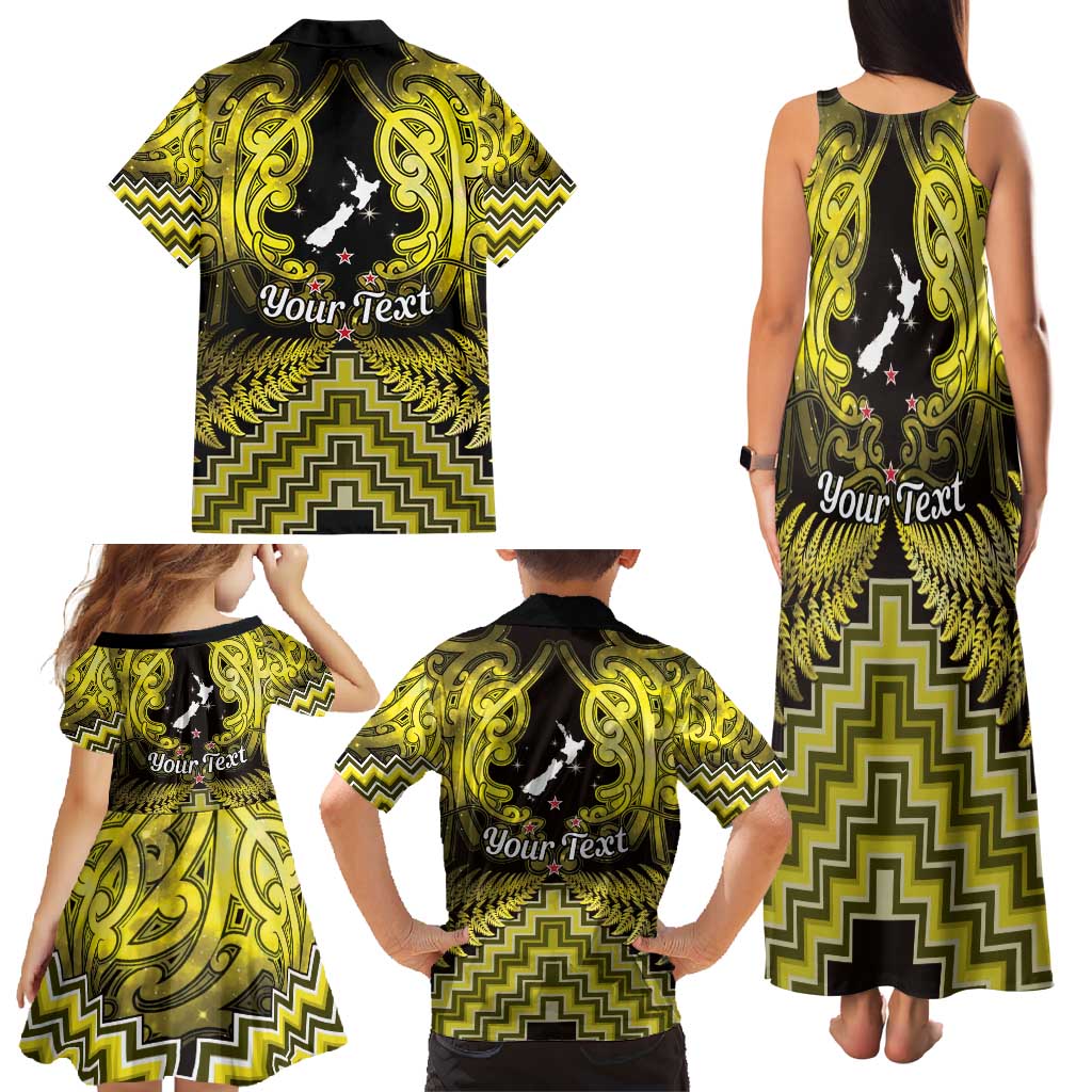 Personalised Aotearoa Matariki Family Matching Tank Maxi Dress and Hawaiian Shirt Yellow Fern Maori Poutama