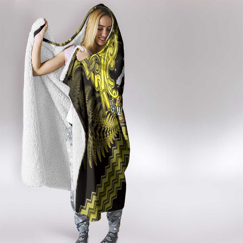 Personalised Aotearoa Matariki Hooded Blanket Yellow Fern Maori Poutama