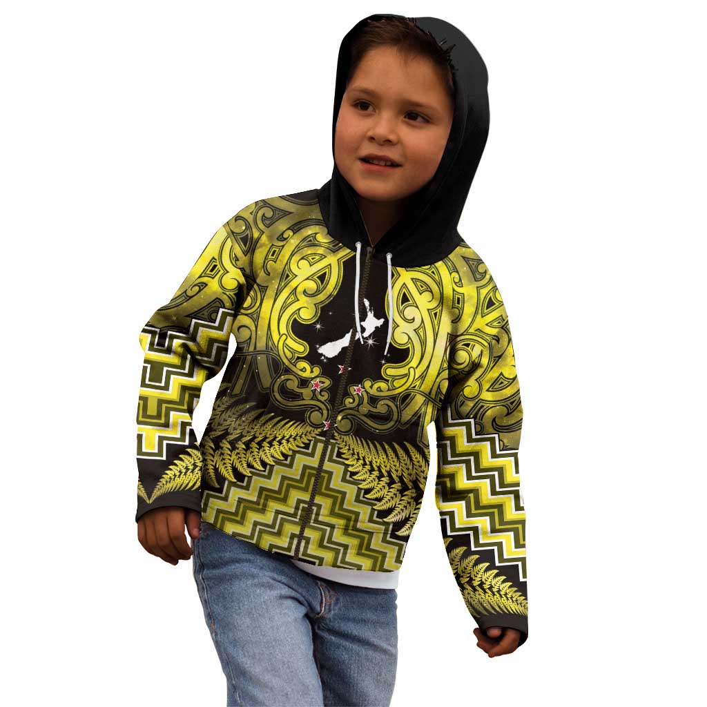 Personalised Aotearoa Matariki Kid Hoodie Yellow Fern Maori Poutama