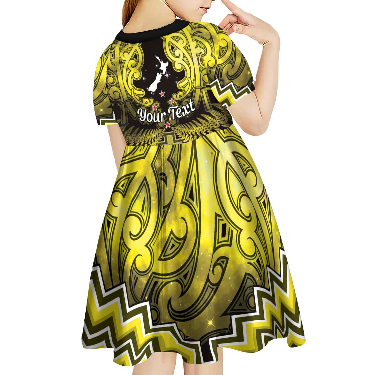 Personalised Aotearoa Matariki Kid Short Sleeve Dress Yellow Fern Maori Poutama