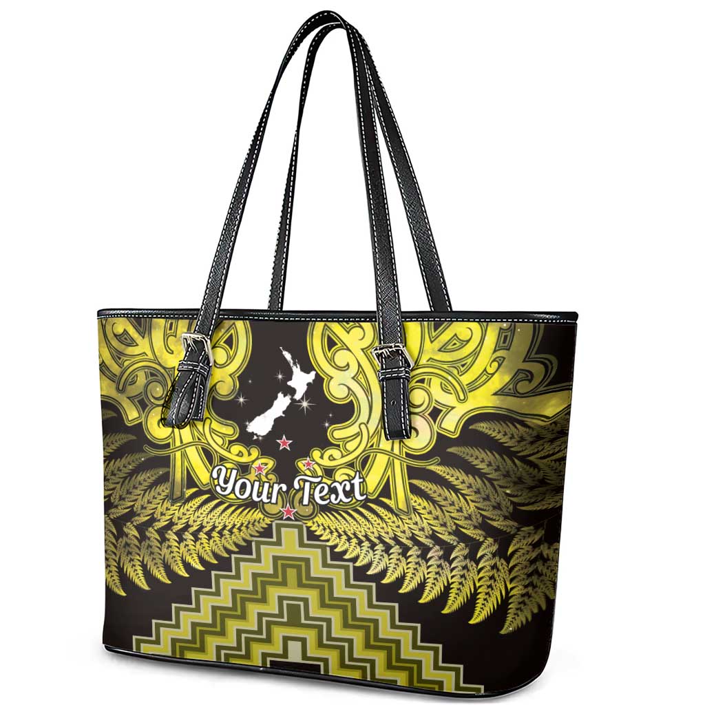 Personalised Aotearoa Matariki Leather Tote Bag Yellow Fern Maori Poutama