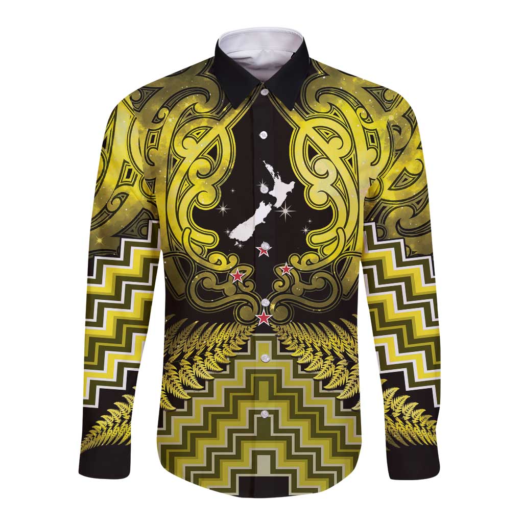 Personalised Aotearoa Matariki Long Sleeve Button Shirt Yellow Fern Maori Poutama