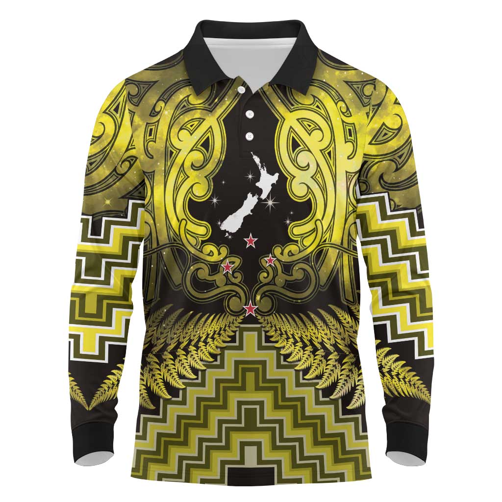 Personalised Aotearoa Matariki Long Sleeve Polo Shirt Yellow Fern Maori Poutama