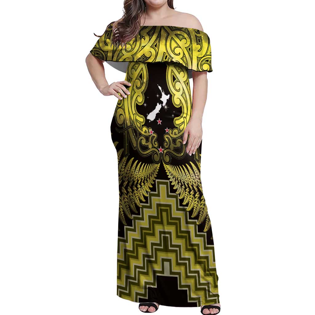 Personalised Aotearoa Matariki Off Shoulder Maxi Dress Yellow Fern Maori Poutama