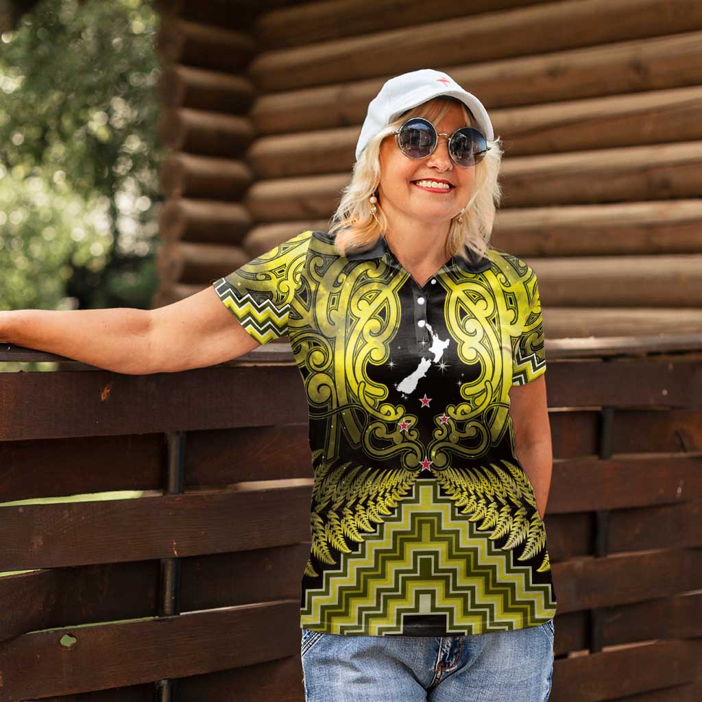 Personalised Aotearoa Matariki Women Polo Shirt Yellow Fern Maori Poutama