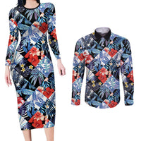 Hawaii Tropicana Blue Pattern Couples Matching Long Sleeve Bodycon Dress and Long Sleeve Button Shirt - Polynesian Pride