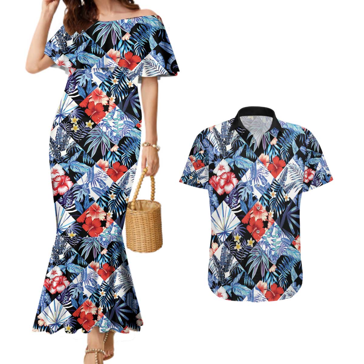 Hawaii Tropicana Blue Pattern Couples Matching Mermaid Dress and Hawaiian Shirt - Polynesian Pride