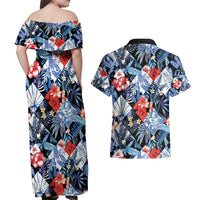 Hawaii Tropicana Blue Pattern Couples Matching Off Shoulder Maxi Dress and Hawaiian Shirt - Polynesian Pride