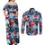 Hawaii Tropicana Blue Pattern Couples Matching Off Shoulder Maxi Dress and Long Sleeve Button Shirt - Polynesian Pride