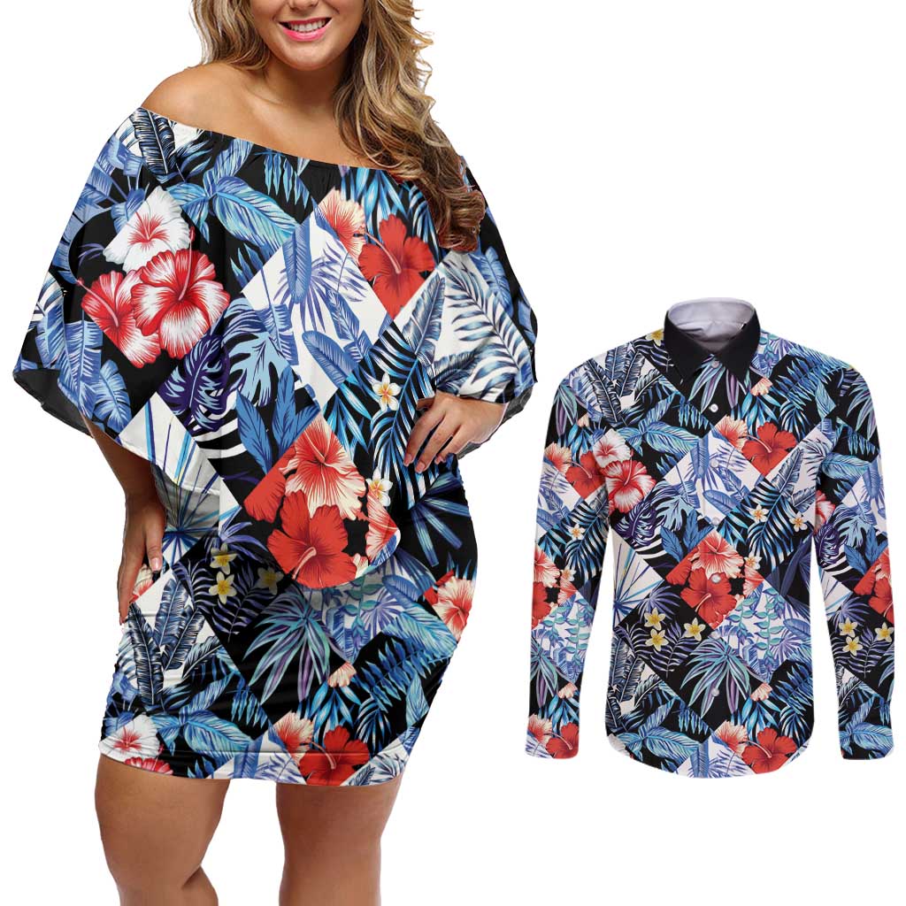 Hawaii Tropicana Blue Pattern Couples Matching Off Shoulder Short Dress and Long Sleeve Button Shirt - Polynesian Pride