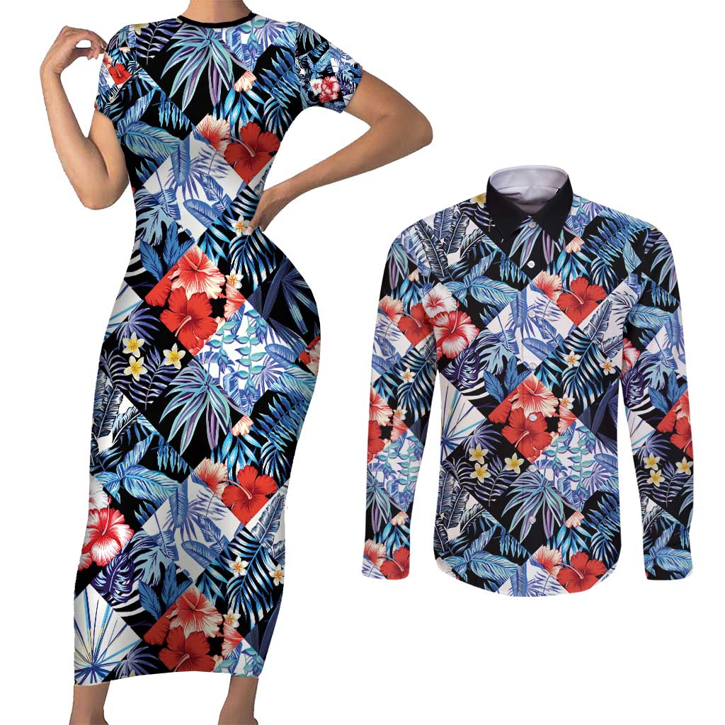 Hawaii Tropicana Blue Pattern Couples Matching Short Sleeve Bodycon Dress and Long Sleeve Button Shirt - Polynesian Pride