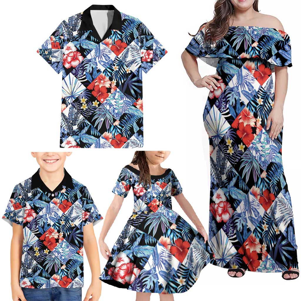 Hawaii Tropicana Blue Pattern Family Matching Off Shoulder Maxi Dress and Hawaiian Shirt - Polynesian Pride