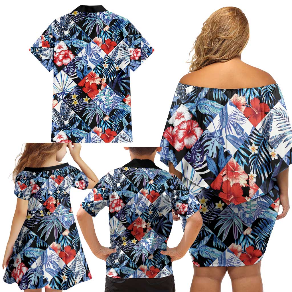 Hawaii Tropicana Blue Pattern Family Matching Off Shoulder Short Dress and Hawaiian Shirt - Polynesian Pride