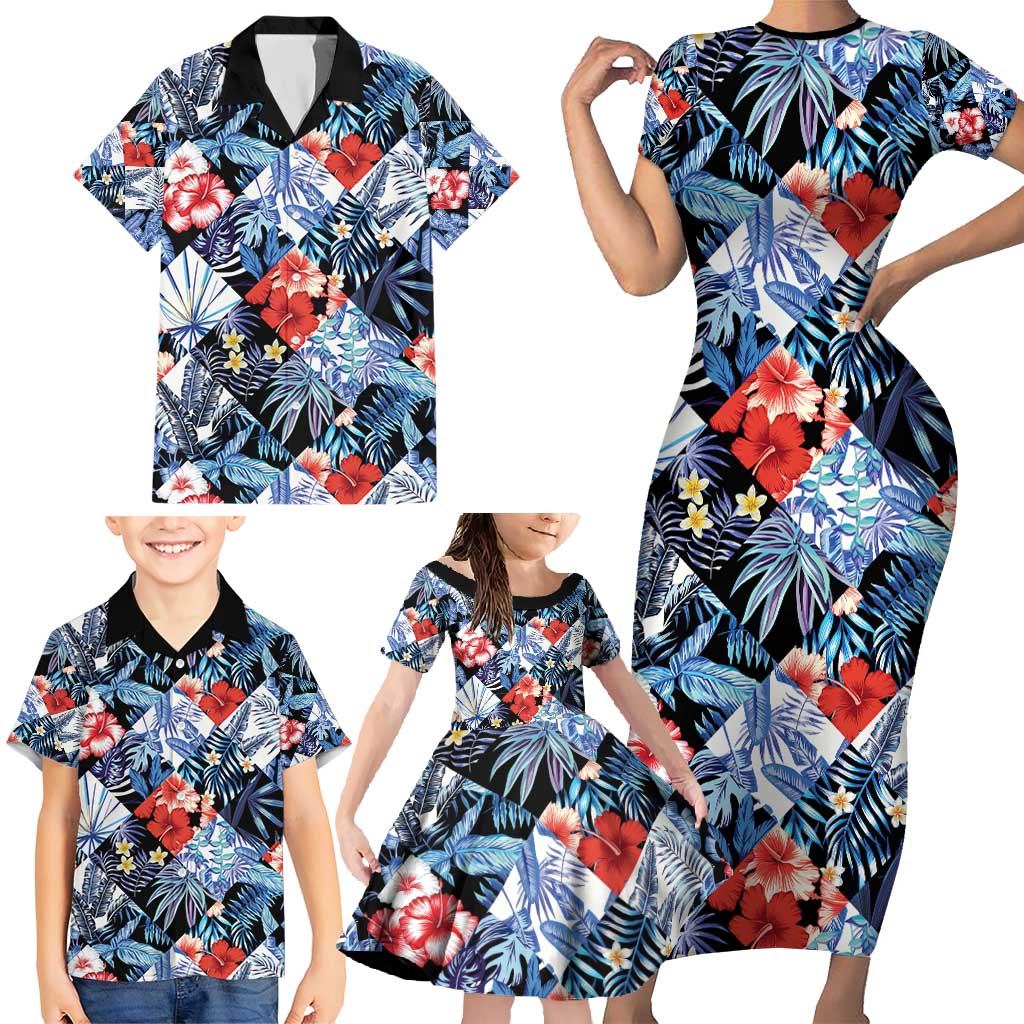 Hawaii Tropicana Blue Pattern Family Matching Short Sleeve Bodycon Dress and Hawaiian Shirt - Polynesian Pride