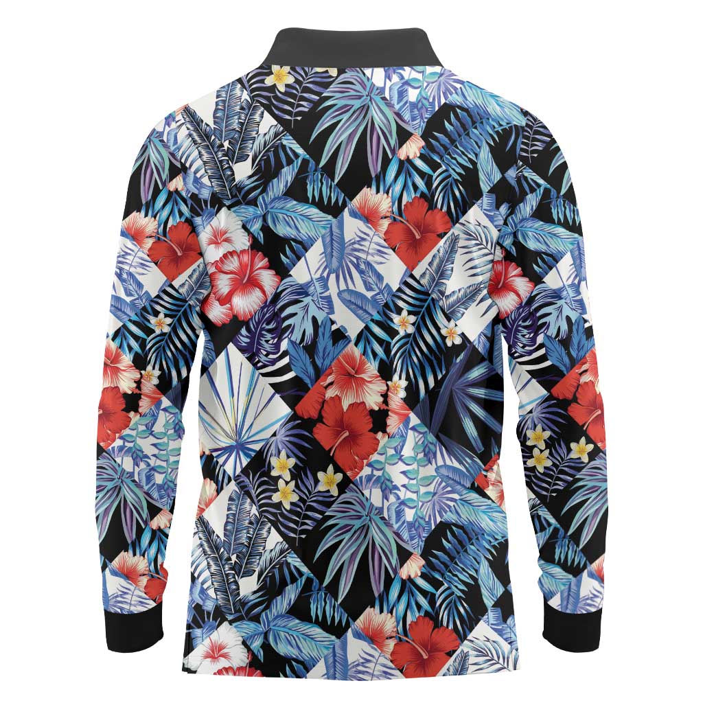 Hawaii Tropicana Blue Pattern Long Sleeve Polo Shirt LT01 - Polynesian Pride