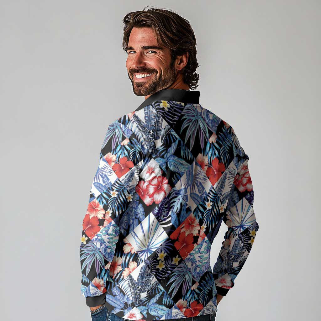 Hawaii Tropicana Blue Pattern Long Sleeve Polo Shirt LT01 - Polynesian Pride