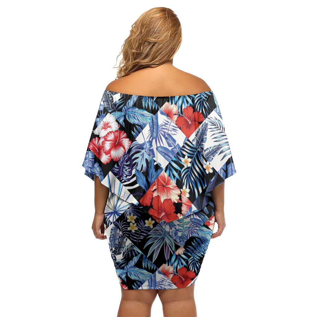 Hawaii Tropicana Blue Pattern Off Shoulder Short Dress - Polynesian Pride