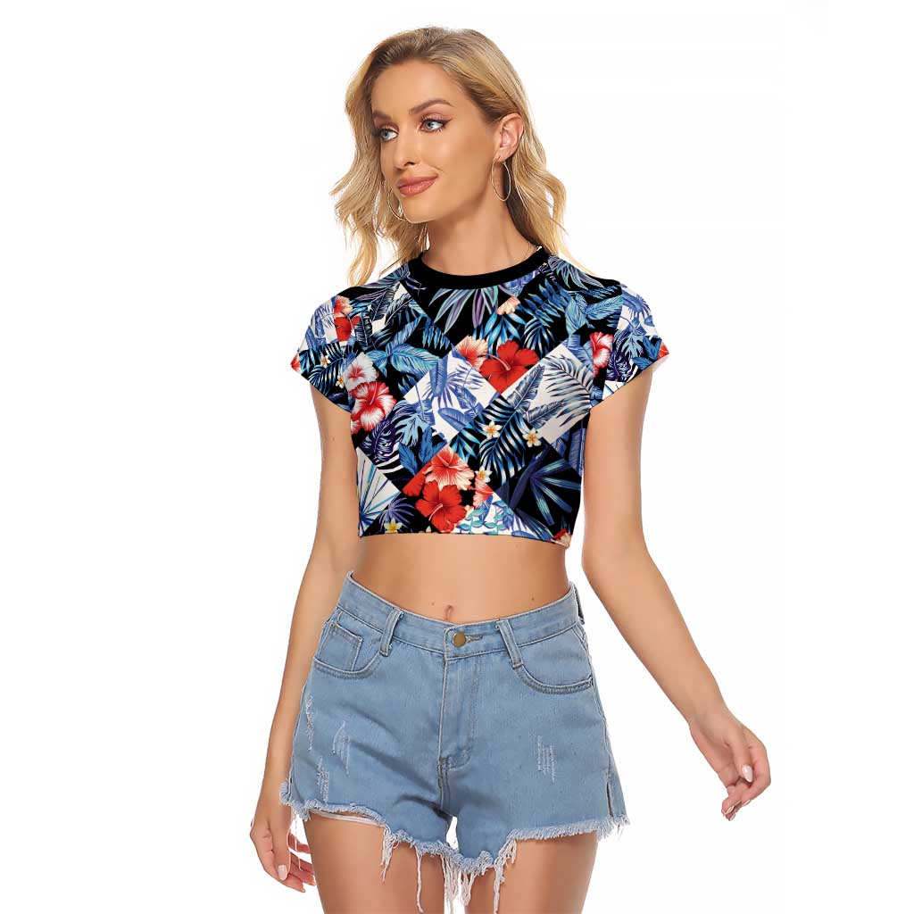 Hawaii Tropicana Blue Pattern Raglan Cropped T Shirt LT01 Female Blue - Polynesian Pride