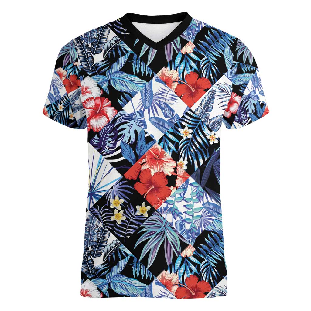 Hawaii Tropicana Blue Pattern Women V-Neck T-Shirt LT01 Female Blue - Polynesian Pride