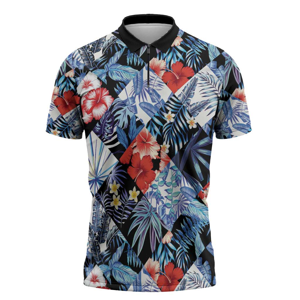 Hawaii Tropicana Blue Pattern Zipper Polo Shirt - Polynesian Pride