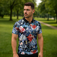 Hawaii Tropicana Blue Pattern Zipper Polo Shirt - Polynesian Pride