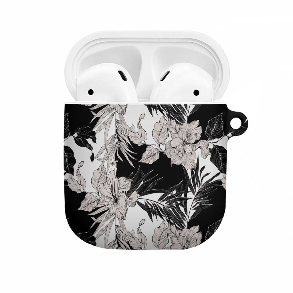 Black White Monotone Tropical Flowers Pattern AirPods Case - Polynesian Pride