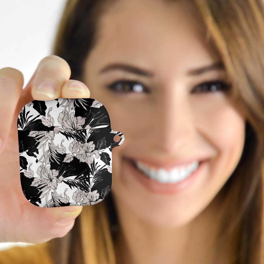 Black White Monotone Tropical Flowers Pattern AirPods Case - Polynesian Pride